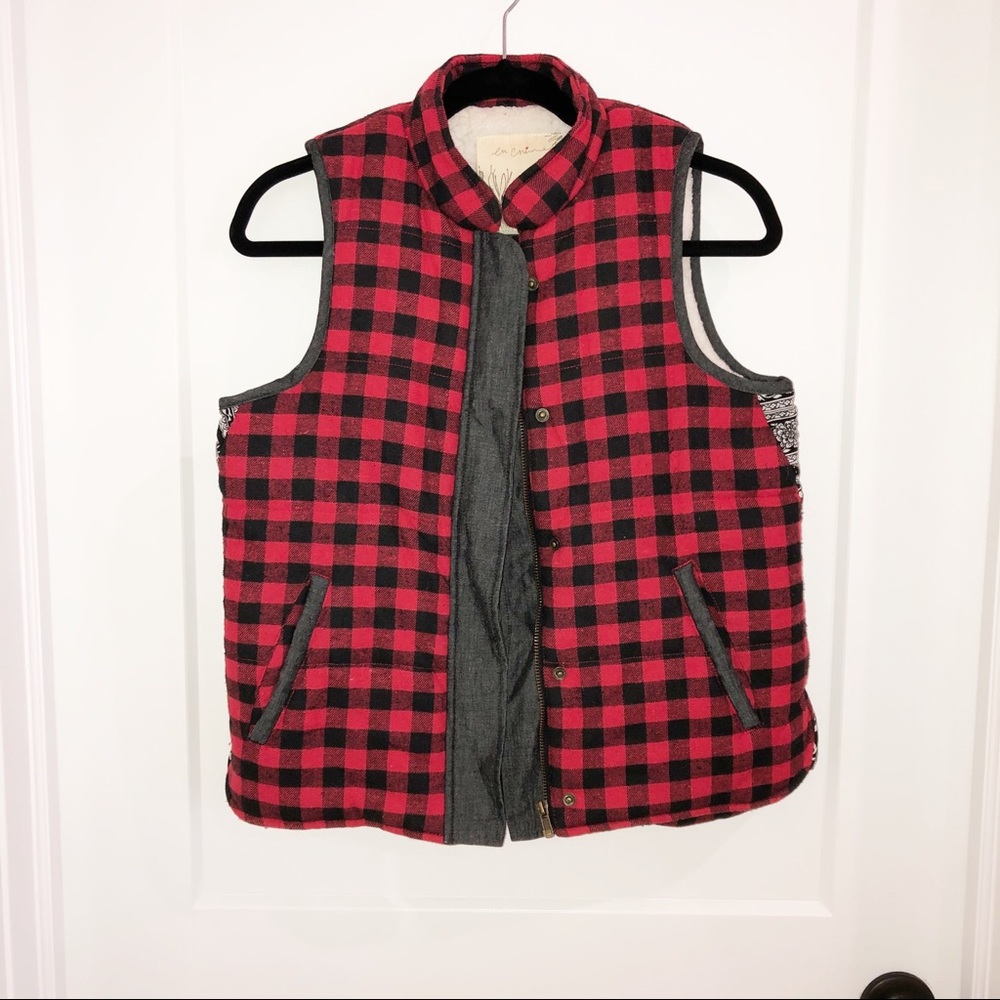 Pumpkin Patch Buffalo Plaid Red Sherpa Lined Warm Vest Sweater Womens size Small